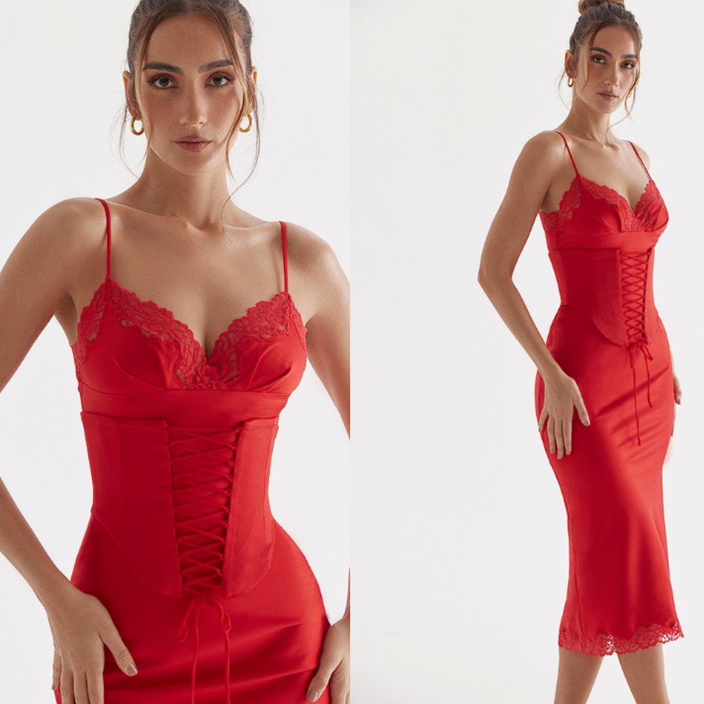 HOUSE OF CB 'Salma' Red Rose Satin Slip Dress NWOT - Picture 4 of 11